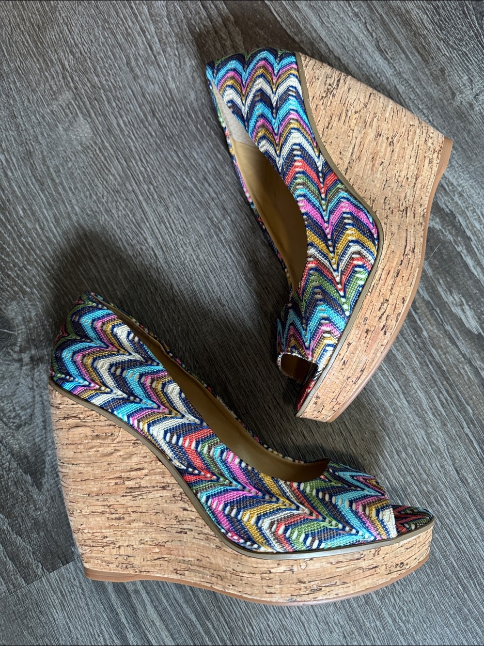 Nine West Multicolor Chevron Peep-Toe Wedge Pumps